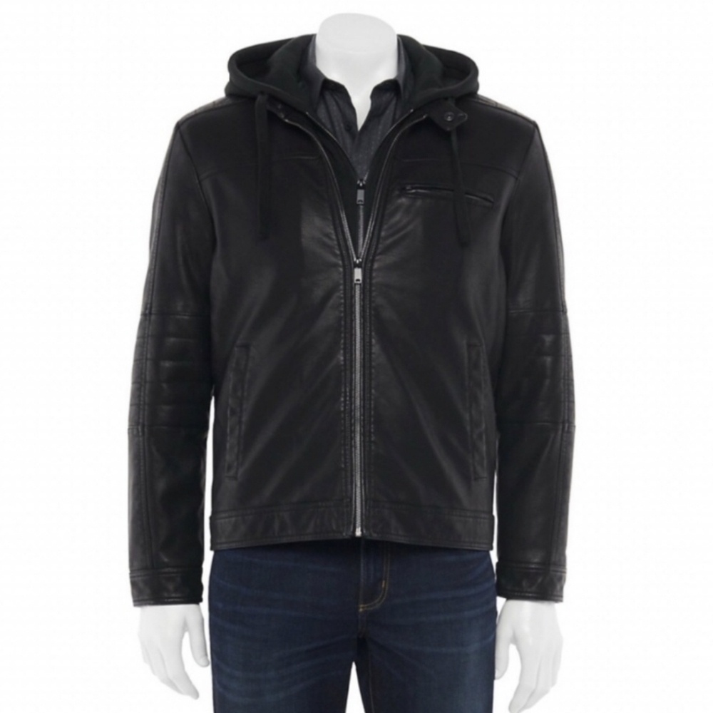 New! Faux Leather Men’s Moto Biker Vegan Leather Removable Hood Jacket